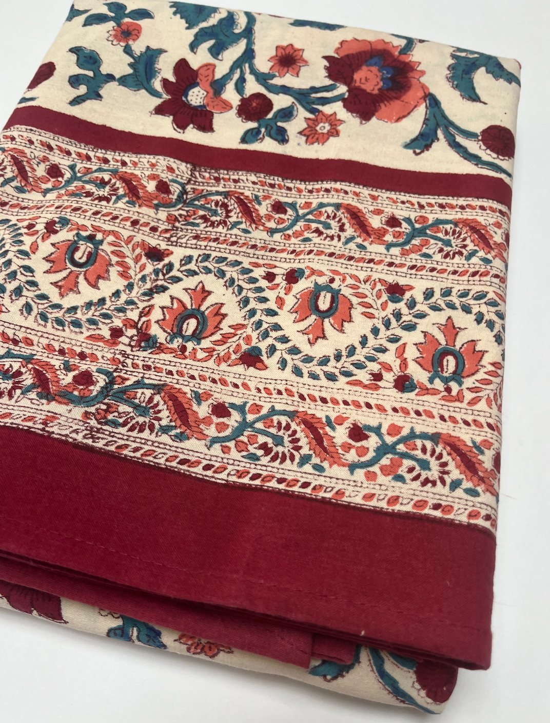 Wine Red with Blue Blockprinted Cotton Tablecloth - Various Sizes