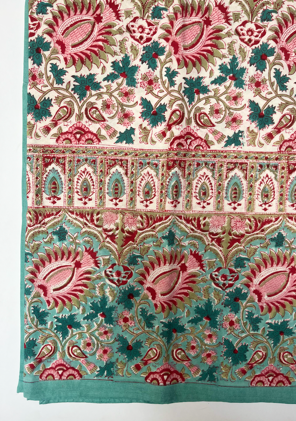 Blue, Pink & Red on White Blockprinted Cotton Tablecloth - Various Sizes