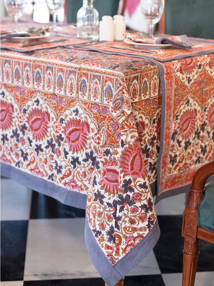Purple with Pink & White Blockprinted Cotton Tablecloth - Various Sizes