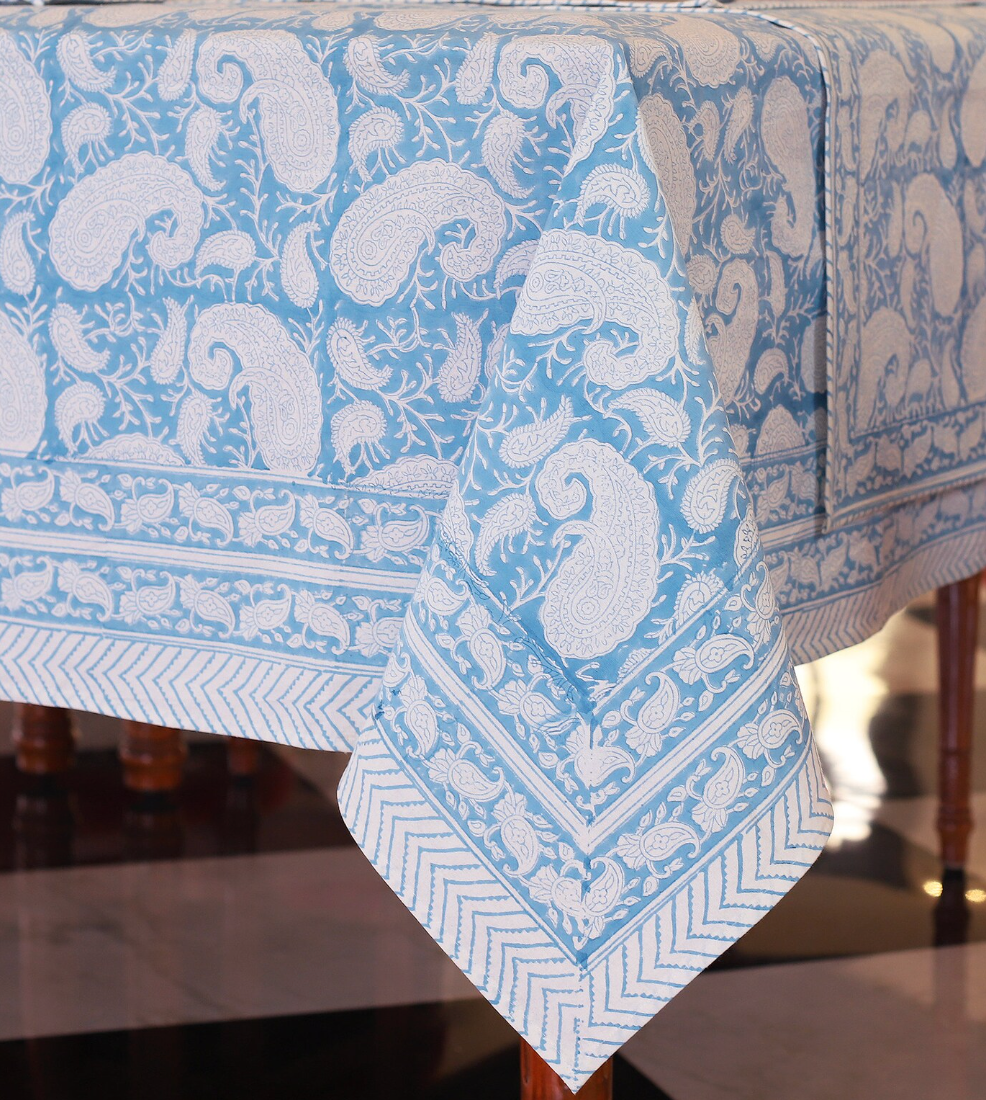 Soft Blue & White Blockprinted Cotton Tablecloth - Various Sizes