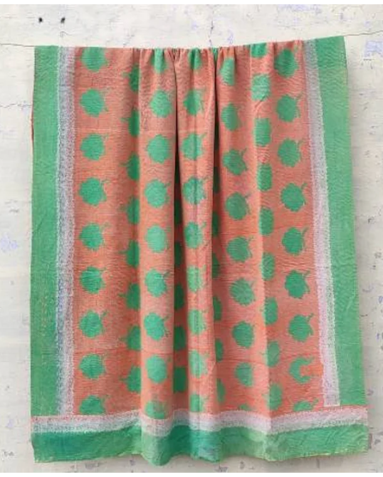 Double Sided Vintage Kantha Quilt, Green & Orange Toned Juliet