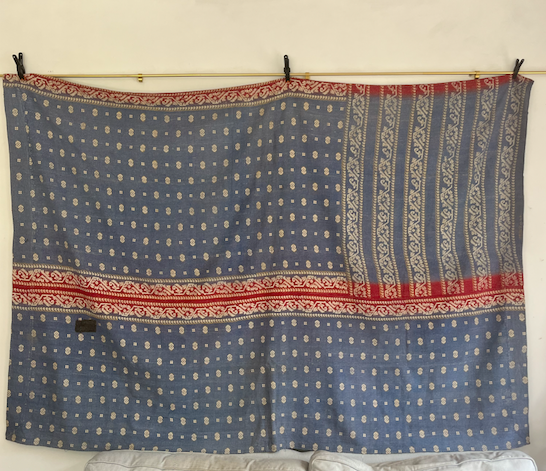 Double Sided Vintage Kantha Quilt, Soft Blue & Red Toned Etta