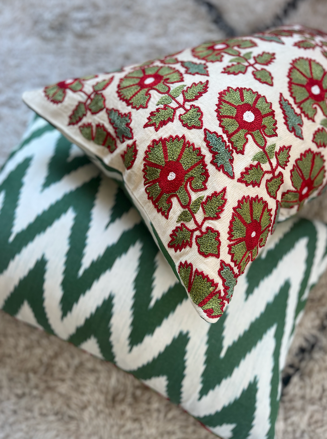 Green with Red Floral Silk Suzani Cushion