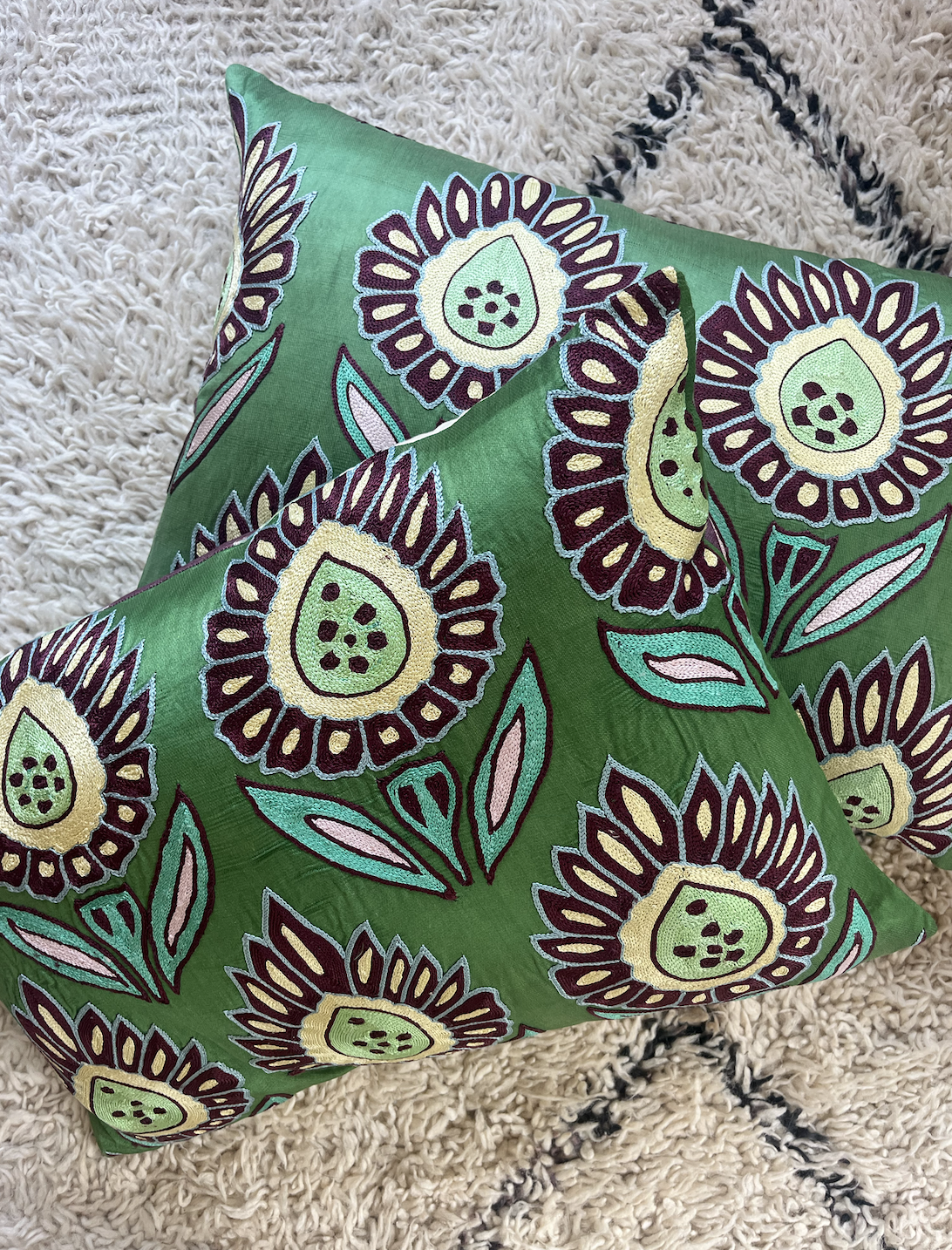 Vibrant Green Floral Silk Suzani Cushion