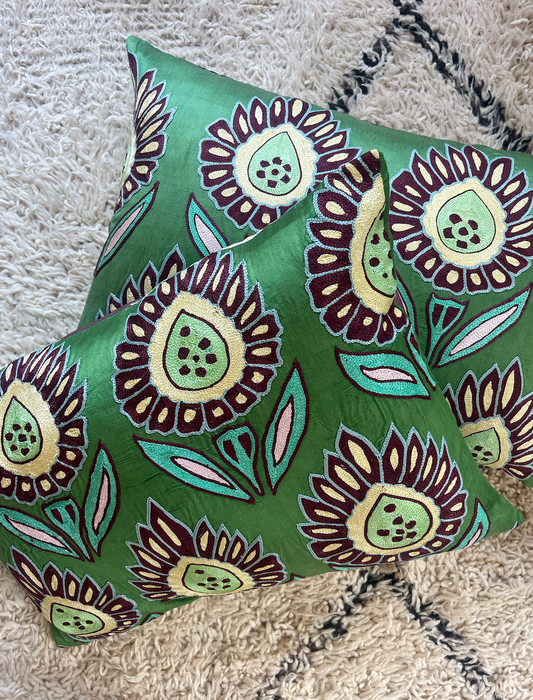 Vibrant Green Floral Silk Suzani Cushion