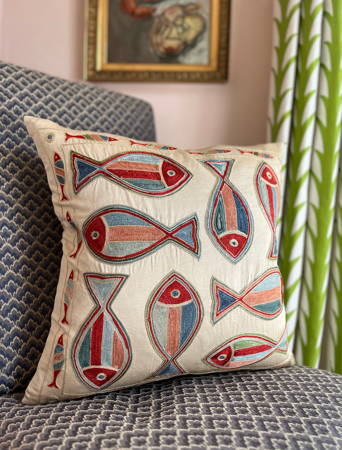 Multicoloured Fish Silk Suzani Cushion Sourced By Holly