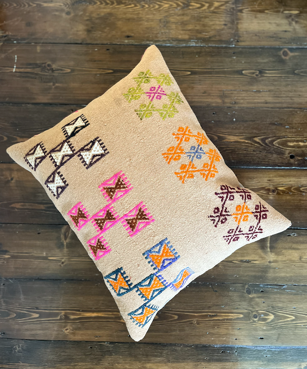 Golden Brown with Vibrant Colourful Design Chunky Large Kilim Cushion
