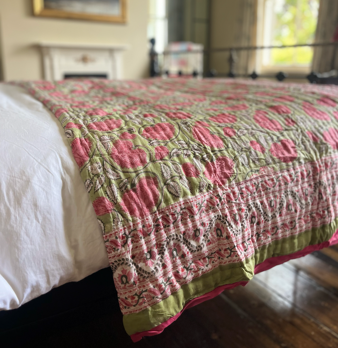 Vibrant Pink & Green Rose Blockprinted Cotton Quilt