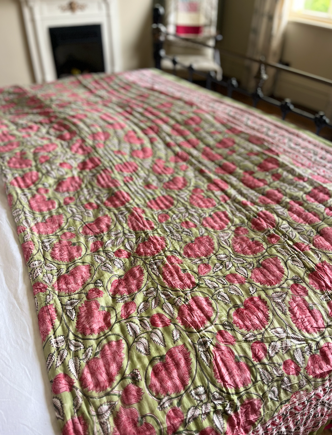 Vibrant Pink & Green Rose Blockprinted Cotton Quilt