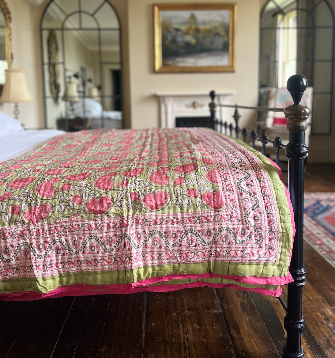 Vibrant Pink & Green Rose Blockprinted Cotton Quilt