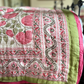 Vibrant Pink & Green Rose Blockprinted Cotton Quilt