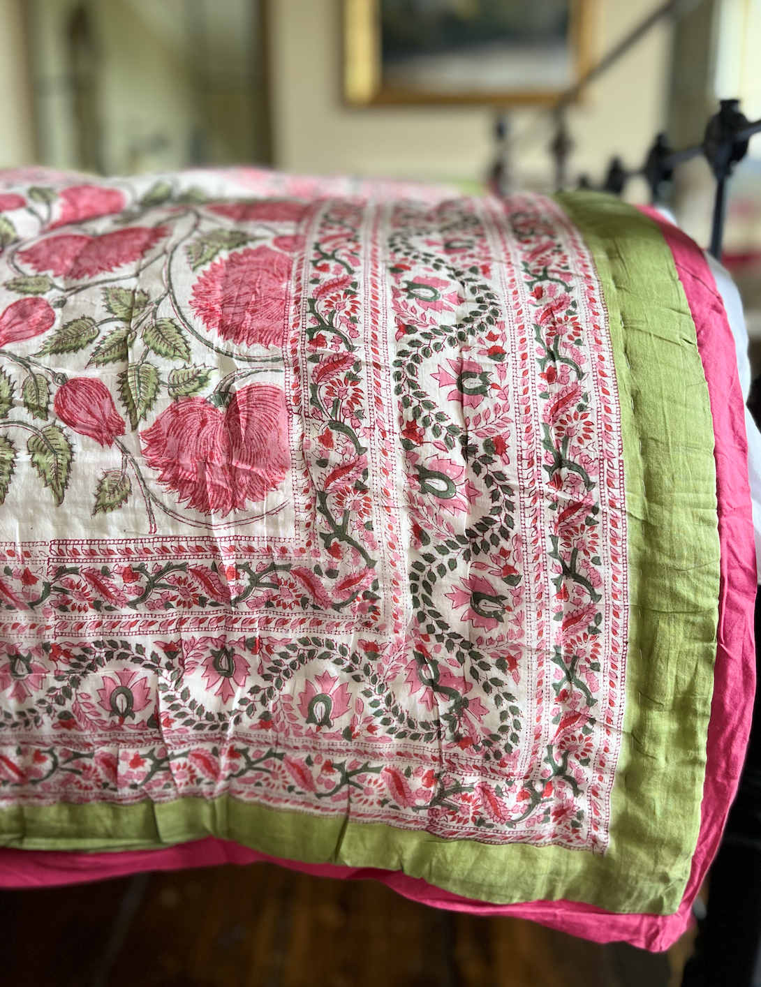 Vibrant Pink & Green Rose Blockprinted Cotton Quilt