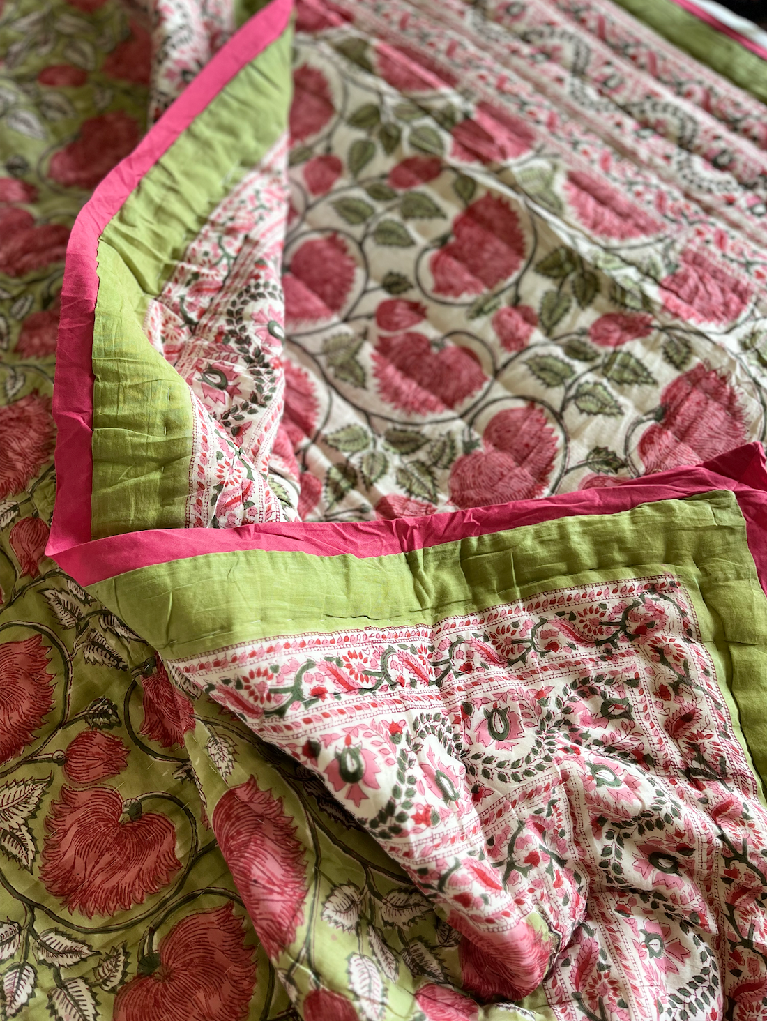 Vibrant Pink & Green Rose Blockprinted Cotton Quilt