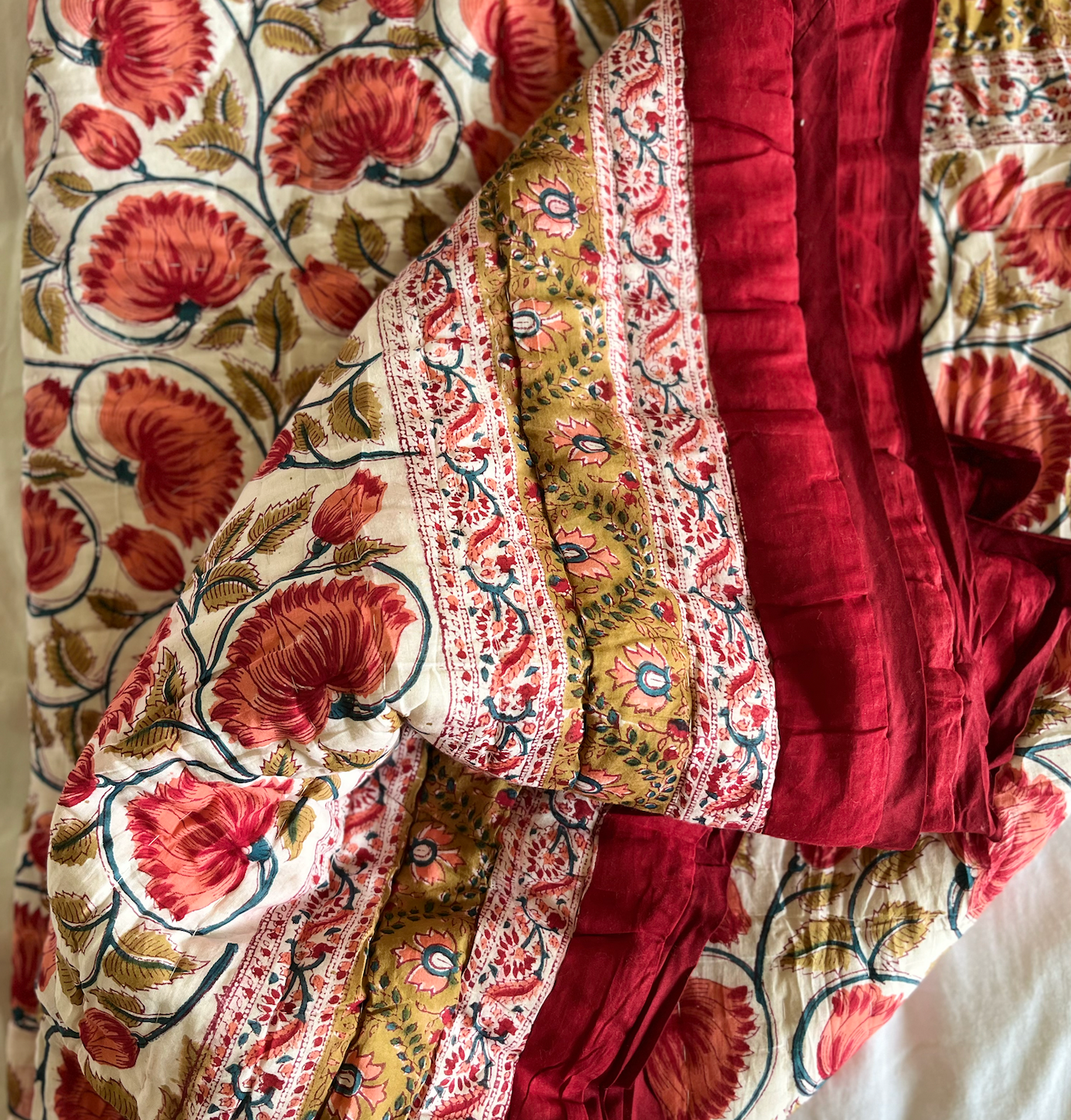 Golden & Red Blockprinted Cotton Quilt