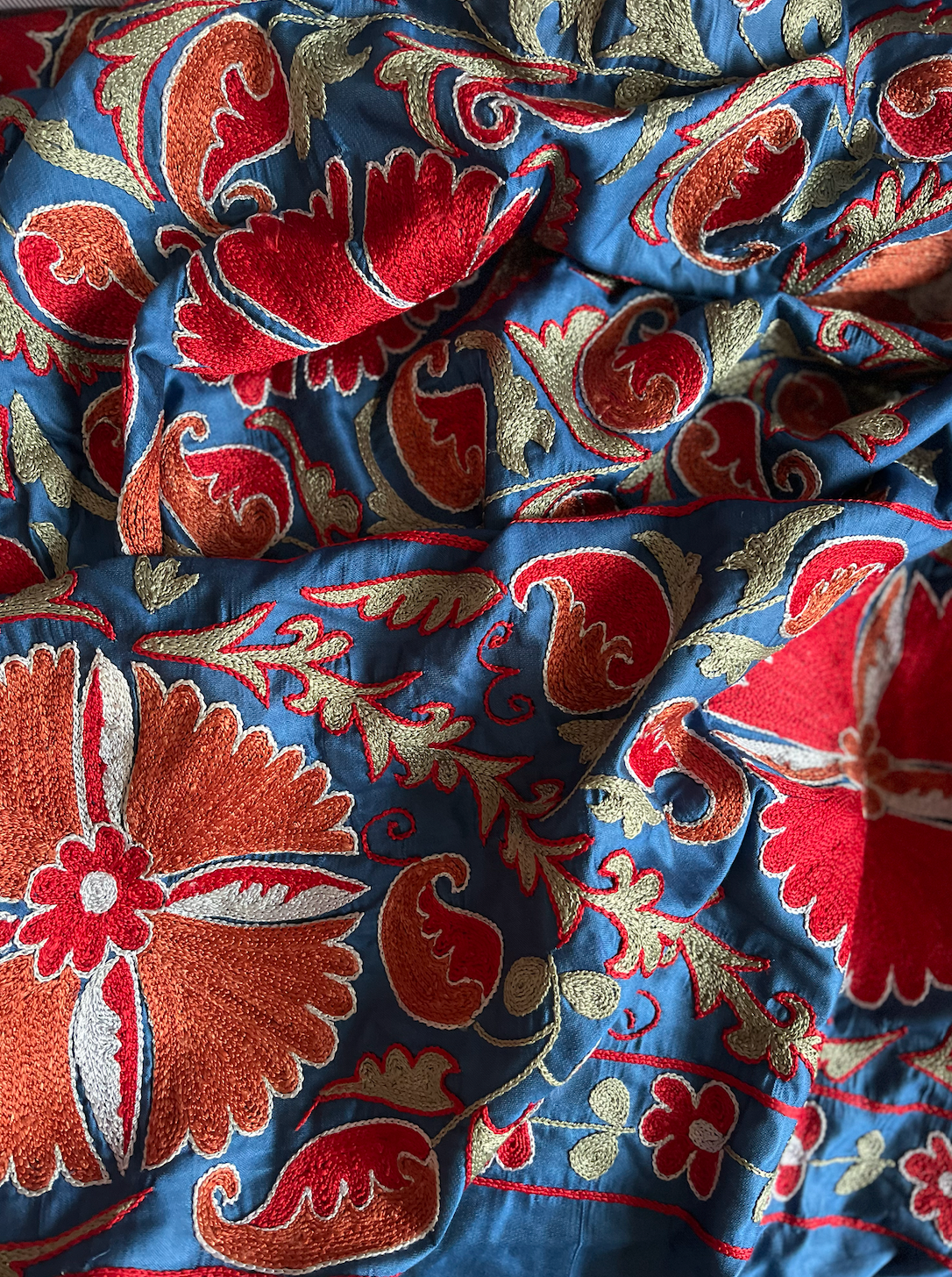 Large Bold Blue & Red Detailed Silk Suzani Fabric