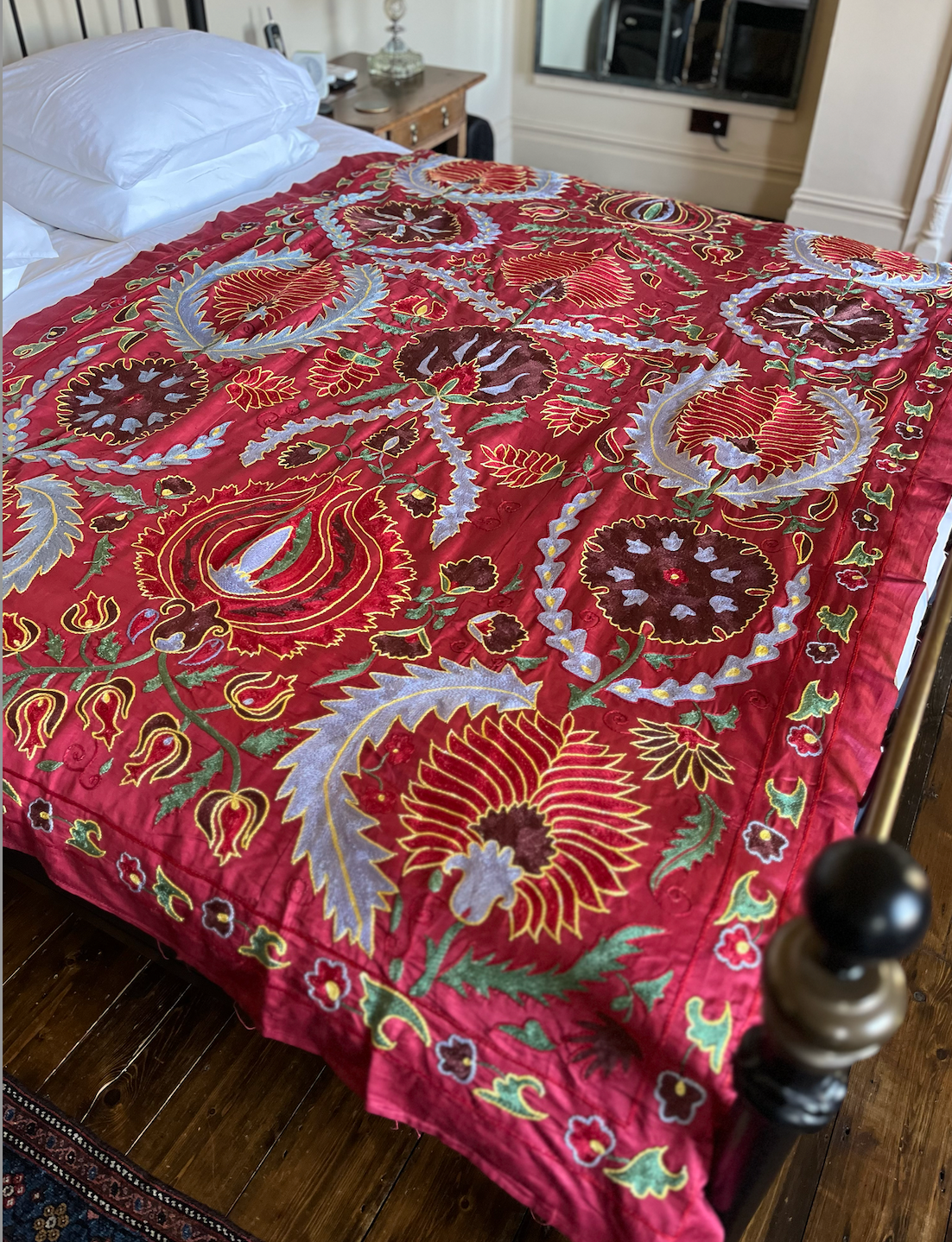 Large Vibrant Red Silk Suzani Fabric