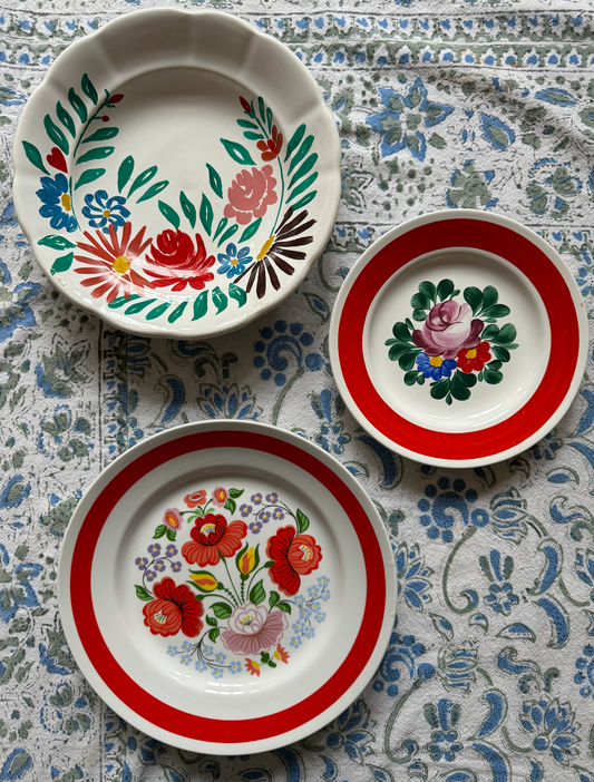 Playful 3 Set Rare & Antique Pair of Decorative Hungarian Wall Plates, Flora