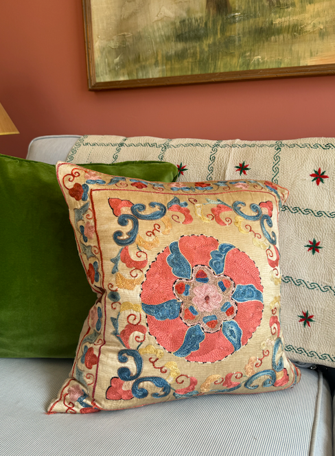 Hot Pink with Blue Silk Suzani Cushion