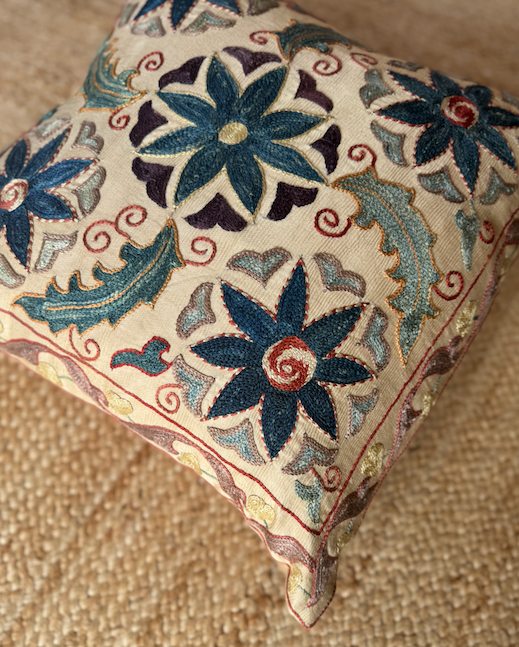Blue Floral Silk Suzani Cushion
