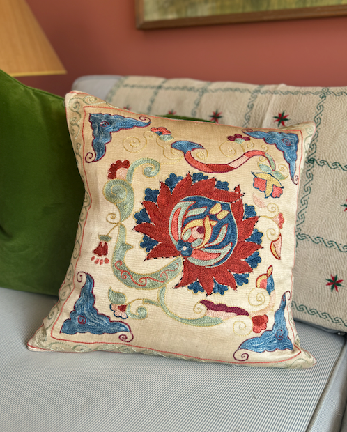Striking Red & Blue Silk Suzani Cushion