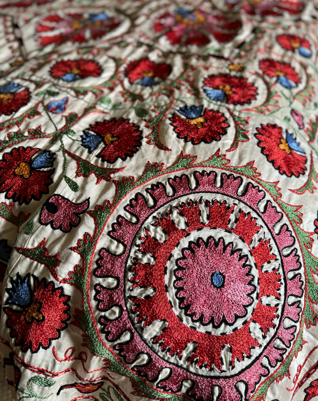 Vibrant & Jazzy Red, Pink & Green Large Silk on Silk Suzani Fabric