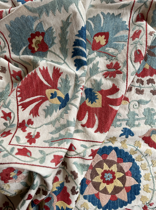 Blue & Red Toned Medium Suzani Fabric