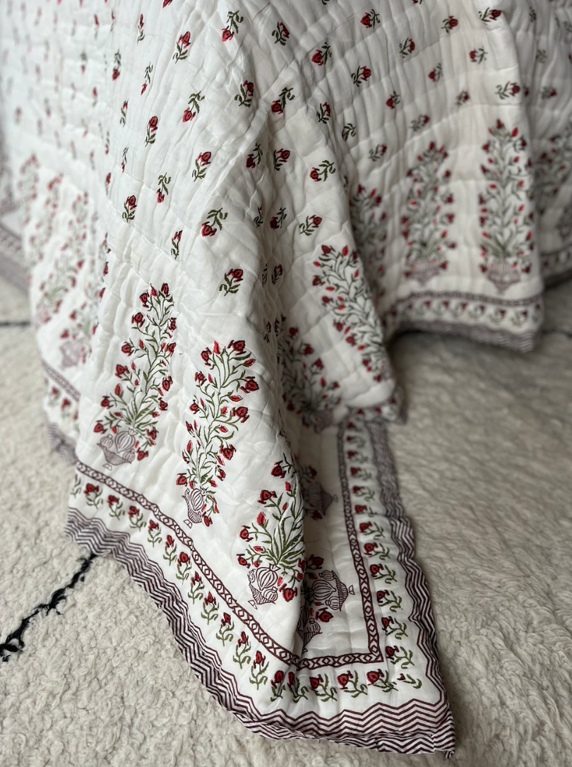 Beautiful Red Floral Blockprinted Cotton Quilt