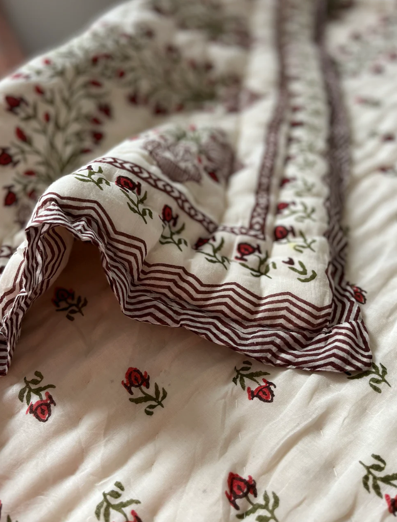 Beautiful Red Floral Blockprinted Cotton Quilt