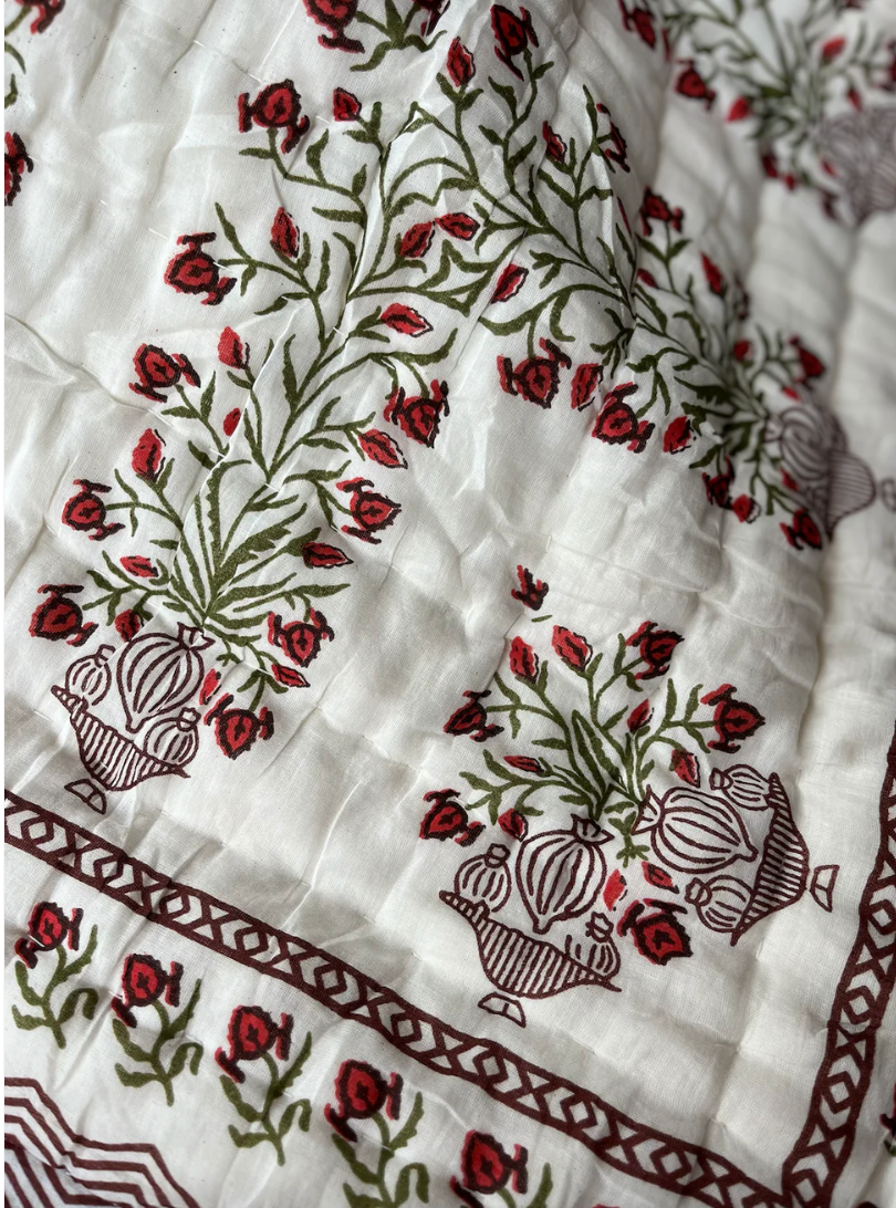 Beautiful Red Floral Blockprinted Cotton Quilt