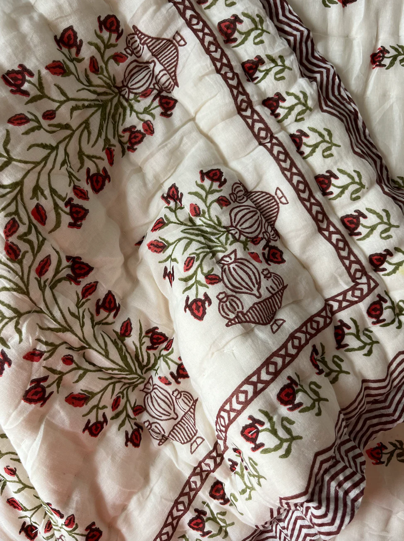 Beautiful Red Floral Blockprinted Cotton Quilt