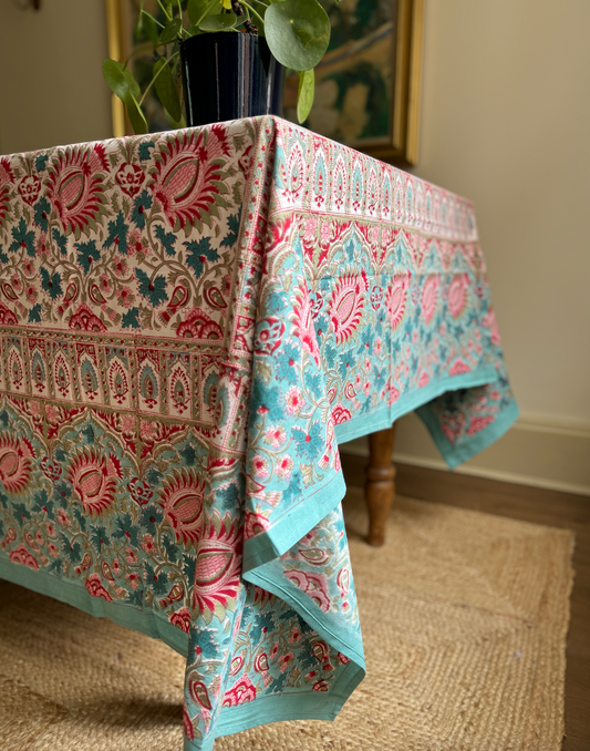 Blue, Pink & Red Blockprinted Cotton Tablecloth - Various Sizes (white background)