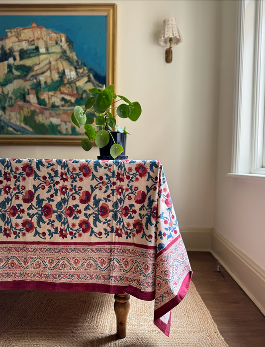 Wine Red with Blue Blockprinted Cotton Tablecloth - Various Sizes