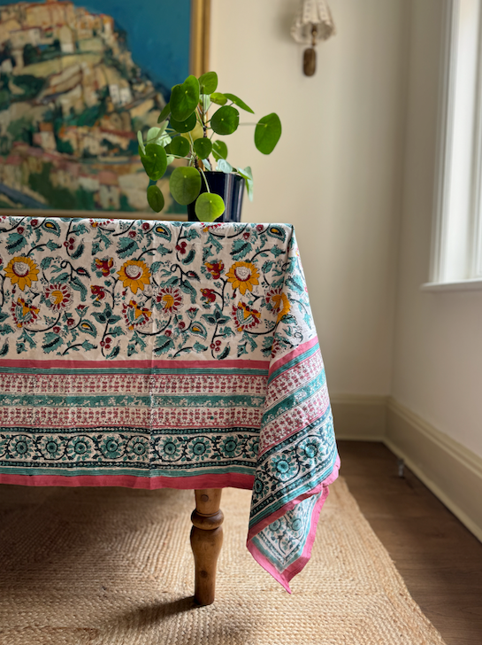 Pink with Turquoise & Yellow Blockprinted Cotton Tablecloth - Various Sizes