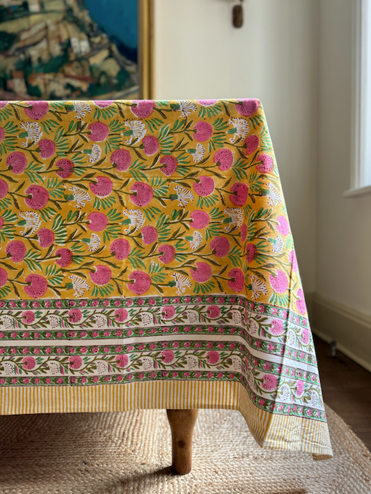 Yellow, Pink & Green Blockprinted Cotton Tablecloth - Various Sizes