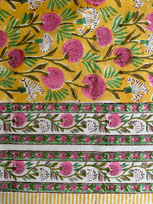 Yellow, Pink & Green Blockprinted Cotton Tablecloth - Various Sizes