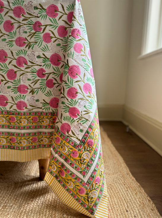 White, Pink & Green Blockprinted Cotton Tablecloth - Various Sizes