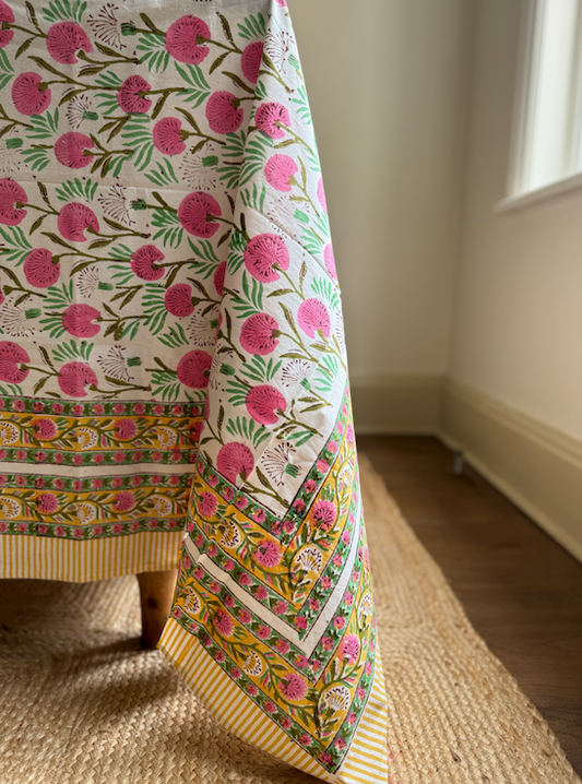 White, Pink & Green Blockprinted Cotton Tablecloth - Various Sizes