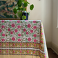 White, Pink & Green Blockprinted Cotton Tablecloth - Various Sizes