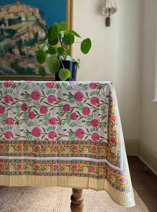 White, Pink & Green Blockprinted Cotton Tablecloth - Various Sizes