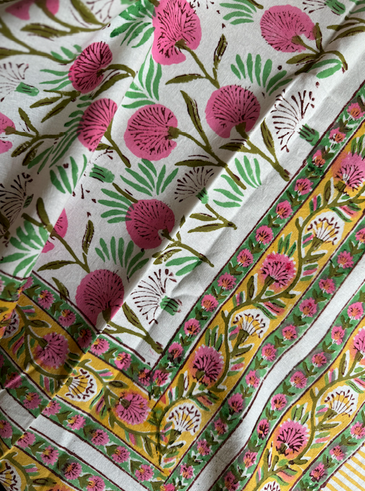 White, Pink & Green Blockprinted Cotton Tablecloth - Various Sizes