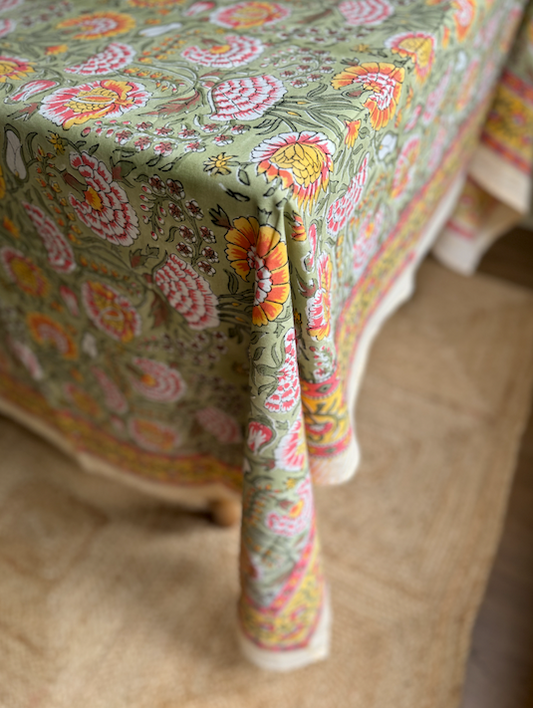 Green, Pink & Yellow Blockprinted Cotton Tablecloth - Various Sizes