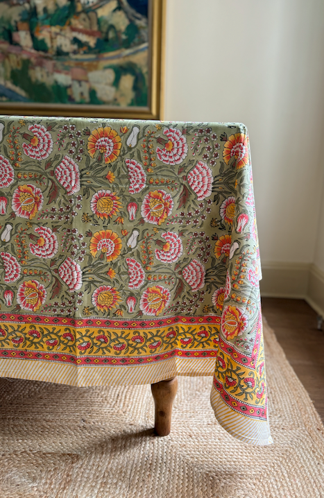 Green, Pink & Yellow Blockprinted Cotton Tablecloth - Various Sizes