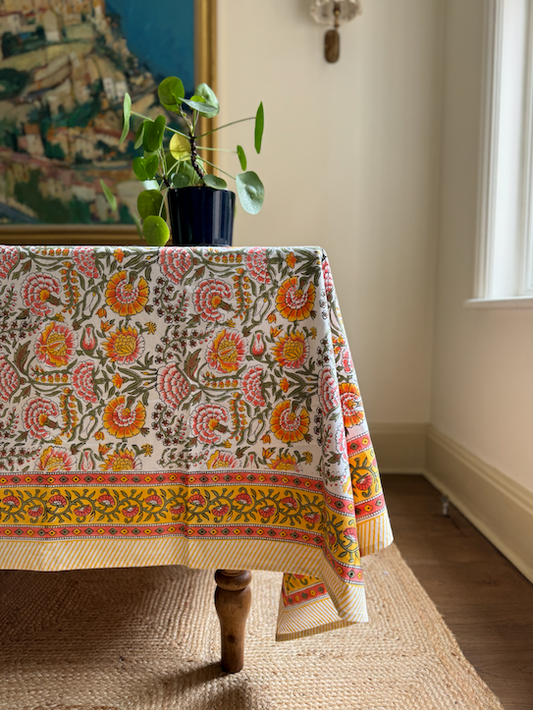 Yellow, Green & Pink Blockprinted Cotton Tablecloth - Various Sizes