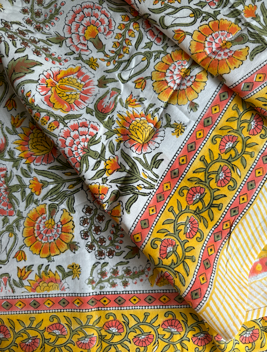 Yellow, Green & Pink Blockprinted Cotton Tablecloth - Various Sizes