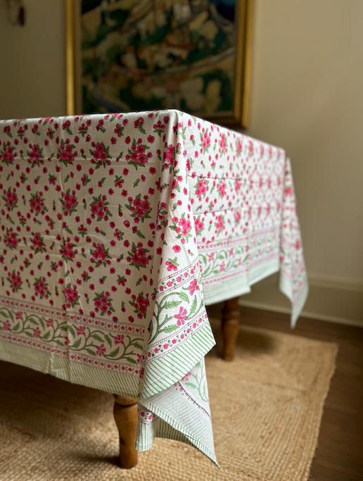 Pretty Floral Pink Blockprinted Cotton Tablecloth - Various Sizes