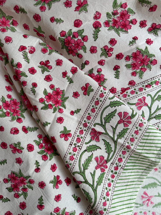 Pretty Floral Pink Blockprinted Cotton Tablecloth - Various Sizes