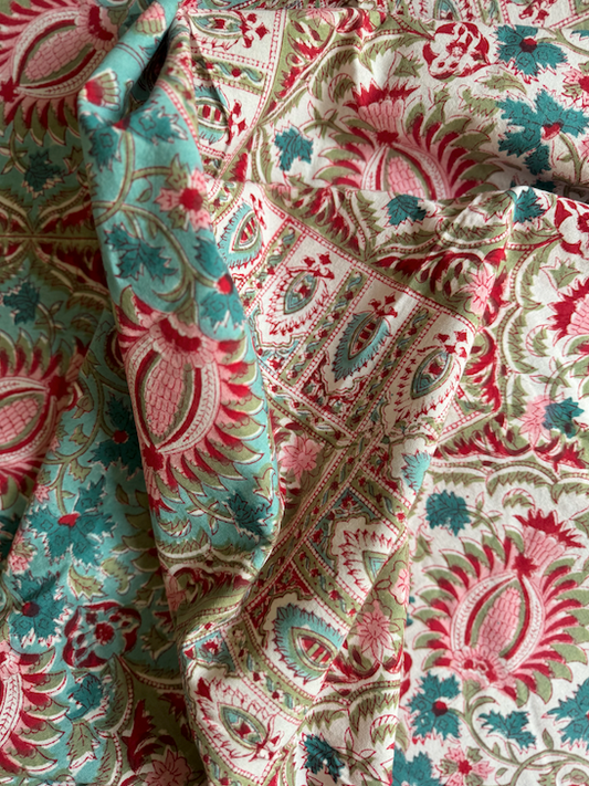 Blue, Pink & Red Blockprinted Cotton Tablecloth - Various Sizes (blue background)