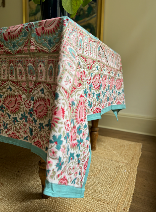 Blue, Pink & Red Blockprinted Cotton Tablecloth - Various Sizes (blue background)