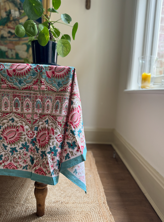 Blue, Pink & Red Blockprinted Cotton Tablecloth - Various Sizes (blue background)