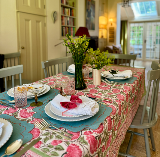 Pink & Green on White Blockprinted Cotton Tablecloth - Various Sizes